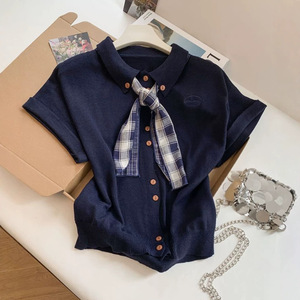 เสื้อคาร์ดิแกนถักแขนสั้นสำหรับผู้หญิง ทรงหลวม สไตล์พรีปปี้ ระบายอากาศได้ดี เสื้อฤดูร้อน ดีไซน์กระดุมแถวเดียว - Product Image 3