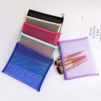 Vente en gros 3 en 1 Pochette en maille transparente bon marché Organisateur de pinceaux de maquillage Ensemble promotionnel de 3 pièces Mini pochette à cosmétiques à fermeture éclair en maille