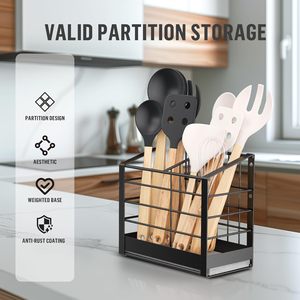 ชั้นวางช้อนส้อมสี่ช่อง สีดำ แบบตะแกรงสี่เหลี่ยม สำหรับจัดเก็บอุปกรณ์ครัว ชั้นวางระบายน้ำสำหรับอุปกรณ์ทำอาหาร ที่จัดระเบียบบนเคาน์เตอร์ - Product Image 3
