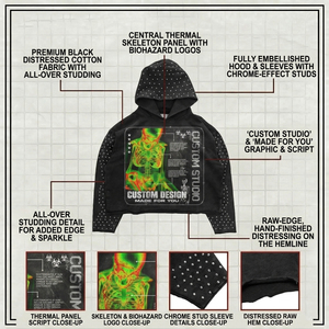 Felpa con Cappuccio Boxy Fit da Uomo 450gsm, Stampa Termica Scheletro con Borchie All-Over, Streetwear Personalizzata, Felpa con Cappuccio Estetica - Product Image 3