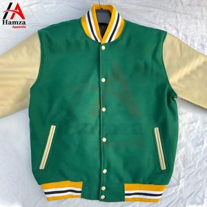 Custom Green Wool Letterman Bomber Jacket 300 GSM Stripe Collar Long <b>Sleeves</b> Two-tone Design Varsity Jacket For Men - Product Image 1