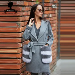 Fashion Women Woolen Coat With Fox Fur Large Pockets Natural Fur Design Cashmere Woolen Blends Slim Sashes Overcoat
