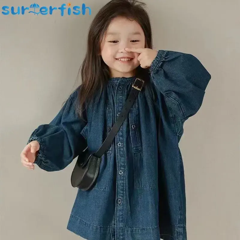 2024 NEW Denim Dress For Kids 2-8Y Fashion Dress Casual Wear with Leather bag Jean Top Children
