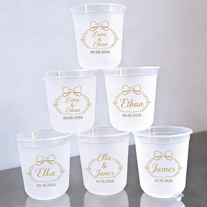 Gobelet en plastique transparent givré écologique jetable de 16 oz et 12 oz avec couvercle, compostable pour le camping, impression de nom, mariage - Product Image 1