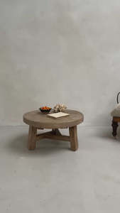 Rustic <b>Small</b> <b>Round</b> Coffee <b>Table</b> Crafted From Solid Reclaimed Elm Featuring a Driftwood-like Finish with Natural Imperfections - Product Image 2
