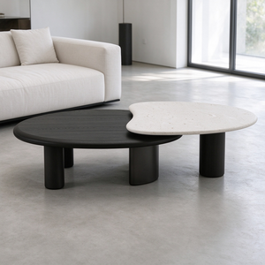 Table basse ronde en bois finition fumée, ensemble gigogne, table d'appoint en galets, style moderne Japandi minimaliste pour salon, hôtel, villa - Product Image 3