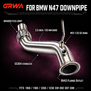 GRWA Downpipe personnalisé N47 pour BMW Série 1 <span class=keywords><strong>116d</strong></span> 118d 120d 123d E81 E82 <span class=keywords><strong>E87</strong></span> E88 2,5 pouces en acier inoxydable 304 avec catalyseur - Product Image 1