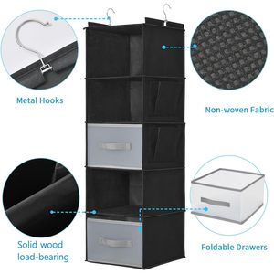 5-Layer Hanging Closet Organizer With 2 Drawers Foldable Storage For Bedroom Clothes Neatening 11.8x11.8x39.4 Inches - Product Image 4