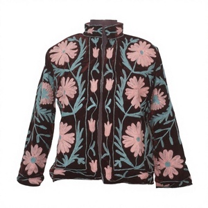 Blouson en velours pour femme, broderie florale, col mandarin, manches longues, fermeture éclair, fait main, automne - Product Image 1