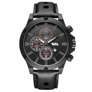 Mens Quartz Chronograph Watch Black Dial Leather Strap 3 Sub Dials Waterproof Luminous Sport Wristwatch - Product Image 2