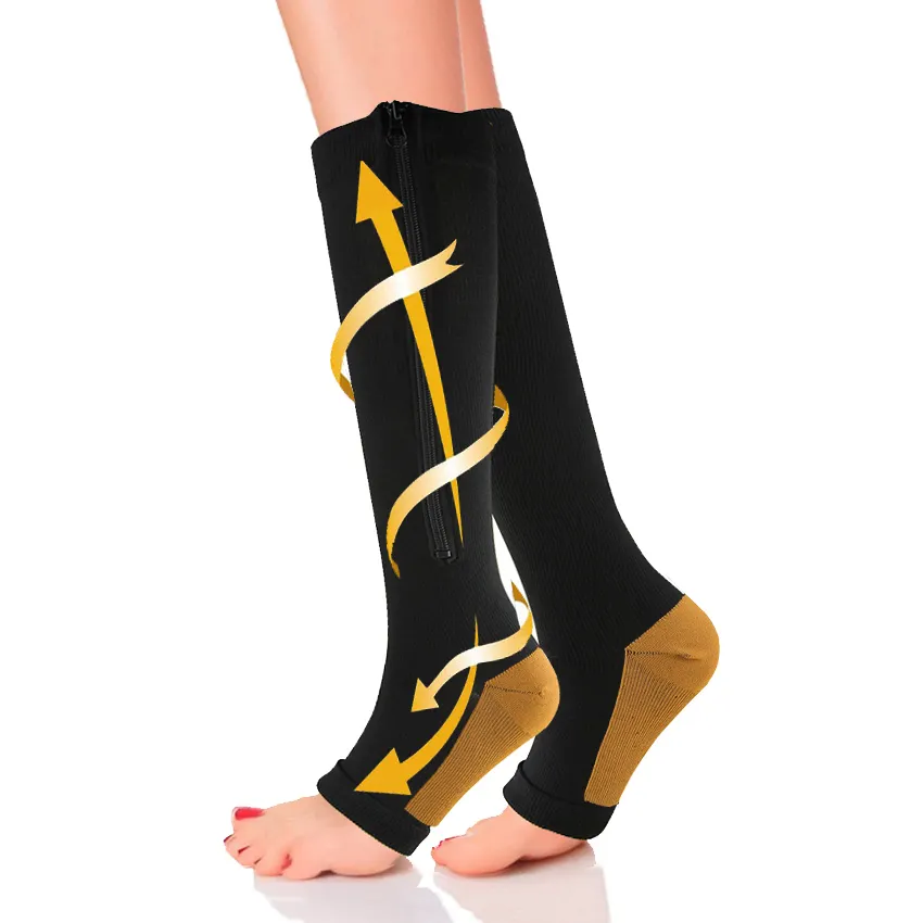 Медные Компрессионные носки на молнии для женщин и мужчин, медицинские компрессионные высокие чулки до колена с открытым носком для поддержки циркуляции HA01242