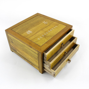 Golden Nanmu Wood Tea <b>Box</b> Square 260mm High 3 <b>Drawer</b> Solid Wood <b>Storage</b> <b>Box</b> With Silkscreen Design For Tea <b>Storage</b> - Product Image 2