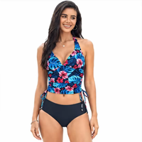 OEM ODM Custom Bikini Wanita Dua Potong Pinggang Tinggi V-Neck Motif Bunga Warna Solid High Cut Seksi Push-up Baju Renang Depan