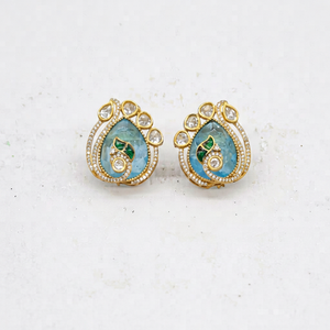 Boucles d'oreilles clous plaquées or double pierre 11513, aspect perle, forme goutte d'eau, bijoux pour mariage et fête - Product Image 1