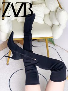 Bottes hautes <span class=keywords><strong>en</strong></span> cuir pour femmes, à bout pointu, noires, pour l'hiver et l'automne, bottes longues jusqu'à la cuisse, chaussures de pole dance pour femmes - Product Image 5