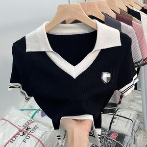 Magliette Estive da <span class=keywords><strong>Donna</strong></span> con Scollo a V in Maglia, Top in Seta Ghiaccio a <span class=keywords><strong>Maniche</strong></span> <span class=keywords><strong>Corte</strong></span>, Vendita Calda - Product Image 2