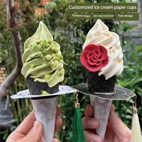 Anneau en carton anti-déversement pour cornet de crème glacée à motif floral, taille personnalisée, accessoire d'emballage alimentaire sûr avec impression de code QR