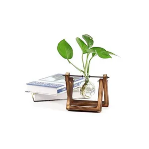 Retro Solid Wooden Plant Stand Desktop Glass Planter Home Garden Wedding Decor