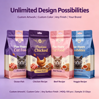 Sachet alimentaire pour chat à fond plat, imprimé sur mesure, à huit soudures latérales, avec fermeture éclair, haute barrière, en feuille d'aluminium, avec trou de suspension Euro, 1kg 5kg.