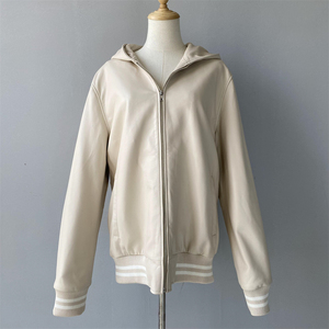 Moda primavera autunno ampia all'ingrosso con cappuccio popolare alta qualità Custom cerniera Design <span class=keywords><strong>Beige</strong></span> breve <span class=keywords><strong>giacca</strong></span> di vera <span class=keywords><strong>pelle</strong></span> donna - Product Image 2