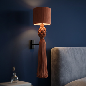 Modern Brown Fabric Cylindrical Shade <b>Wall</b> <b>Sconce</b> with Braided Knot Tassel Iron Bedroom <b>Wall</b> Lamp - Product Image 1