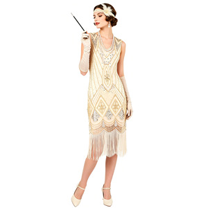 1920er Vintage Paillettenkleid mit Perlen- und Quastendetails Ärmellos V-Ausschnitt Wadenlang Partykleid Retro Cocktailkleid für Damen - Product Image 3