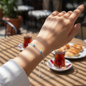 Minimal Eye <b>Bead</b> Double Trendy Chain Popular Turkish <b>Bracelet</b> Handcrafted 925 Sterling Silver Jewelry - Product Image 3