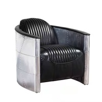 Fauteuil Aviateur Rétro Industriel Style Américain en Aluminium avec Accoudoirs, Siège Unique en Cuir Pleine Fleur Rembourré Éponge, pour Salon Décontracté à Domicile