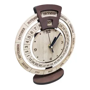 乡村定制木制时钟，带可旋转万年历，英文独特装饰桌面时钟，用于家居装饰