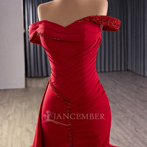 Jancember 251043 brillant Satin rouge à volants paillettes sirène robe de soirée avec surjupe - Product Image 6