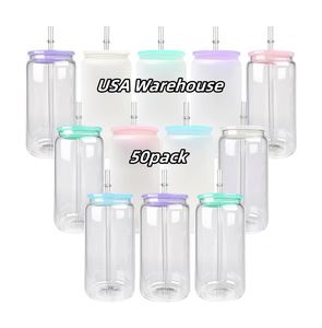 Lot de 50 verres en verre transparent givré de 16 oz sans BPA pour bière et soda, avec couvercle en plastique, pour transfert par sublimation blanche - Product Image 1