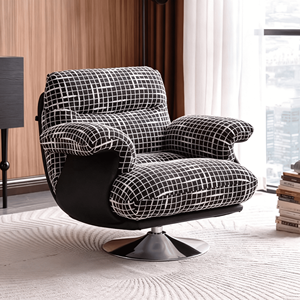 Fauteuil d'appoint pivotant moderne en velours à carreaux noir et blanc, avec pieds en bois, design ergonomique pour salon et salle à manger - Product Image 1