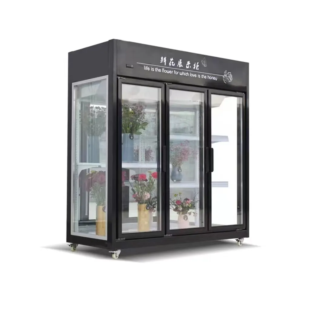 新しいスタイルのクーラー垂直ガラスドア花野菜ディスプレイ冷蔵庫商業花ディスプレイ冷蔵庫キャビネット
