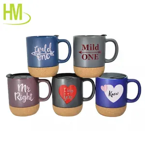 15oz Large Custom Travel Sublimation Porcelain Ceramic Coffee Mugs With Insulated Cork Bottom And Splash Proof Mug Lid