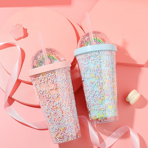 Fba Bán Chạy Nhất <span class=keywords><strong>550Ml</strong></span> Cốc Cầu Vồng Lấp Lánh Lớn Bằng Nhựa Tái Sử Dụng Cốc Cốc Uống Cà Phê Hai Lớp Có Ống Hút & Nắp - Product Image 3