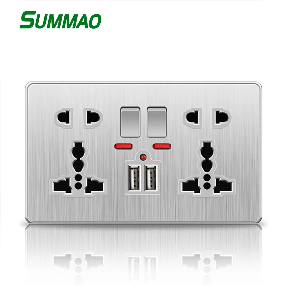 Nieuw Ontwerp Zilveren Draadtrekpaneel Grey Luxe Dubbele Uk Stopcontacten Usb Socket Enkele Socket