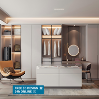 Armoire murale complète minimaliste avec zone de suspension ouverte en verre et éclairage LED intégré, miroir LED annulaire, coiffeuse avec tiroirs et rangement à bijoux en MDF