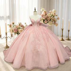 Vestido de noche largo hasta el suelo con perlas de satén y cola lateral, para fiesta de boda, graduación, verano, con decoración de encaje, cintura y cola capilla, para Quinceañera - Product Image 1