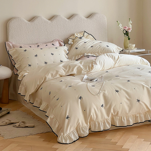 Parure de lit brodée en coton style français 100 fils, housse de couette à volants, taie d'oreiller, usage domestique, quatre saisons, couleur unie à pois - Product Image 2