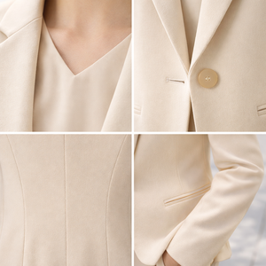 Blazer beige en mélange de laine pour femme, col cranté, bouton unique, manches longues, infroissable, couleur unie, coupe classique, toutes saisons - Product Image 2