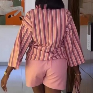 Women's New Style Loose-Fit Elegant Cardigan Striped Shirt Shorts African New Style 2-Piece <b>Set</b> Fashion - Product Image 3