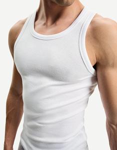 Tank Top Pria Katun Putih Berkualitas Tinggi Model Muscle Fit Rajutan Rib Tanpa Lengan untuk Olahraga Gym Custom Grosir - Product Image 2