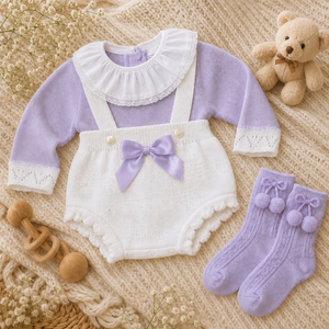 Conjunto de pelele de algodón KAIYUE para bebé, suéter tejido <span class=keywords><strong>a</strong></span> medida para recién nacido, pelele con cuello de encaje con volantes, lazo de satén y calcetines con pompón. - Product Image 6