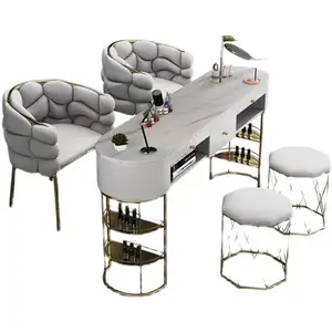 Lüks tırnak barı Salon mobilya mermer masa ve stabstables bacak Metal altın yan ManicureTable seti