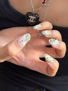Faux ongles à presser faits à la main, motif chat KT <span class=keywords><strong>bleu</strong></span>-<span class=keywords><strong>vert</strong></span>, style français, nœud 3D, couverture complète avec colle, art des ongles mignon et dessin animé - Product Image 3