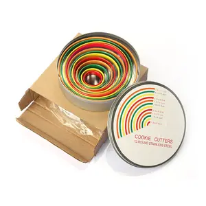 Set pemotong kue bulat 12 buah warna-warni, cetakan cincin donat bulat biskuit baja tahan karat 430 dengan kotak besi