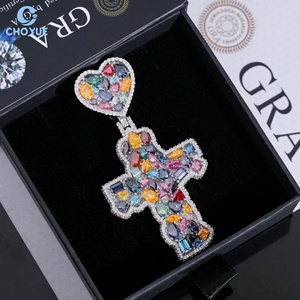 925 <b>Silver</b> Cross Pendant With Heart Top Colored Moissanite Iced Out Luxury Women's Religious Jewelry Party <b>Charm</b> - Product Image 2
