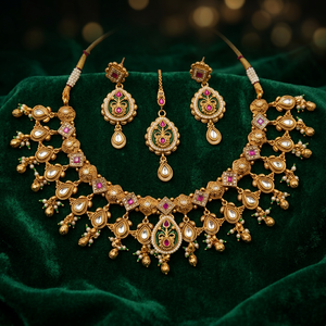 Gold Plated Bridal <b>Set</b> Choker <b>Necklace</b> Drop Earrings Tikka Ethnic Zircon Imitation <b>Pearl</b> Latest Designed High Quality Wedding - Product Image 4