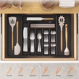 キッチン引き出し用器具オーガナイザー拡張可能な調理器具トレイ調節可能なカトラリー銀器食器ホルダー - Product Image 3