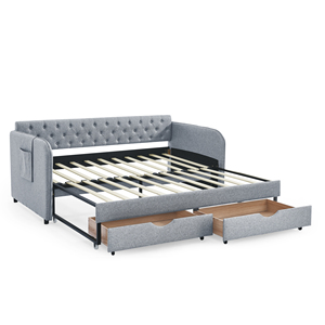Canapé-<span class=keywords><strong>lit</strong></span> moderne double avec <span class=keywords><strong>lit</strong></span> <span class=keywords><strong>gigogne</strong></span>, accoudoirs plats réglables et extensibles, deux tiroirs de rangement, en lin gris, mobilier de maison - Product Image 3